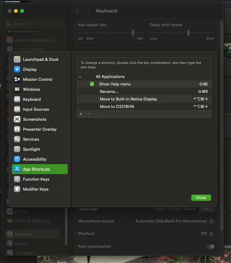 App Shortcuts panel in Keyboard settings showing Move to display entries