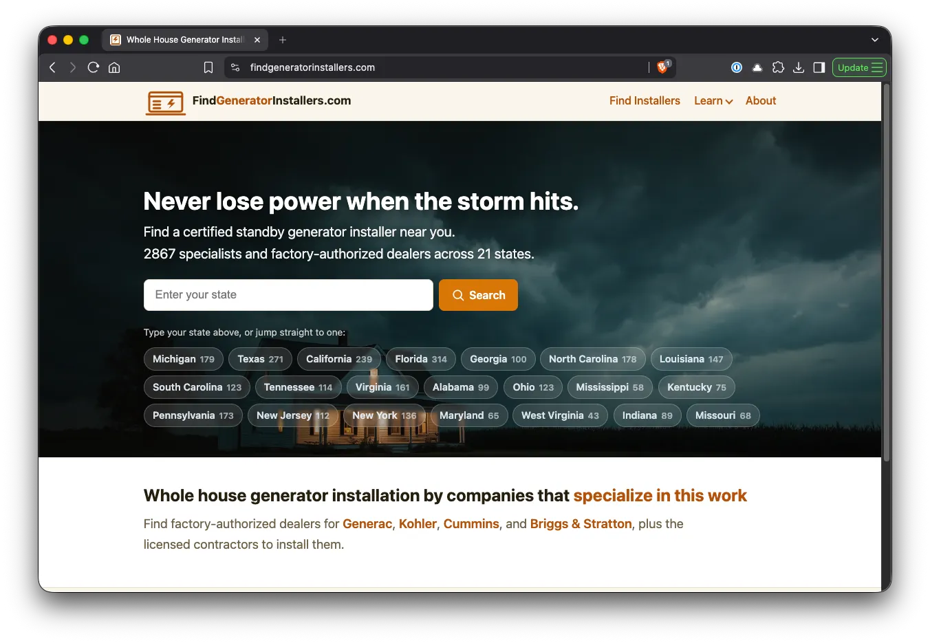 FindGeneratorInstallers.com homepage with state-by-state installer counts