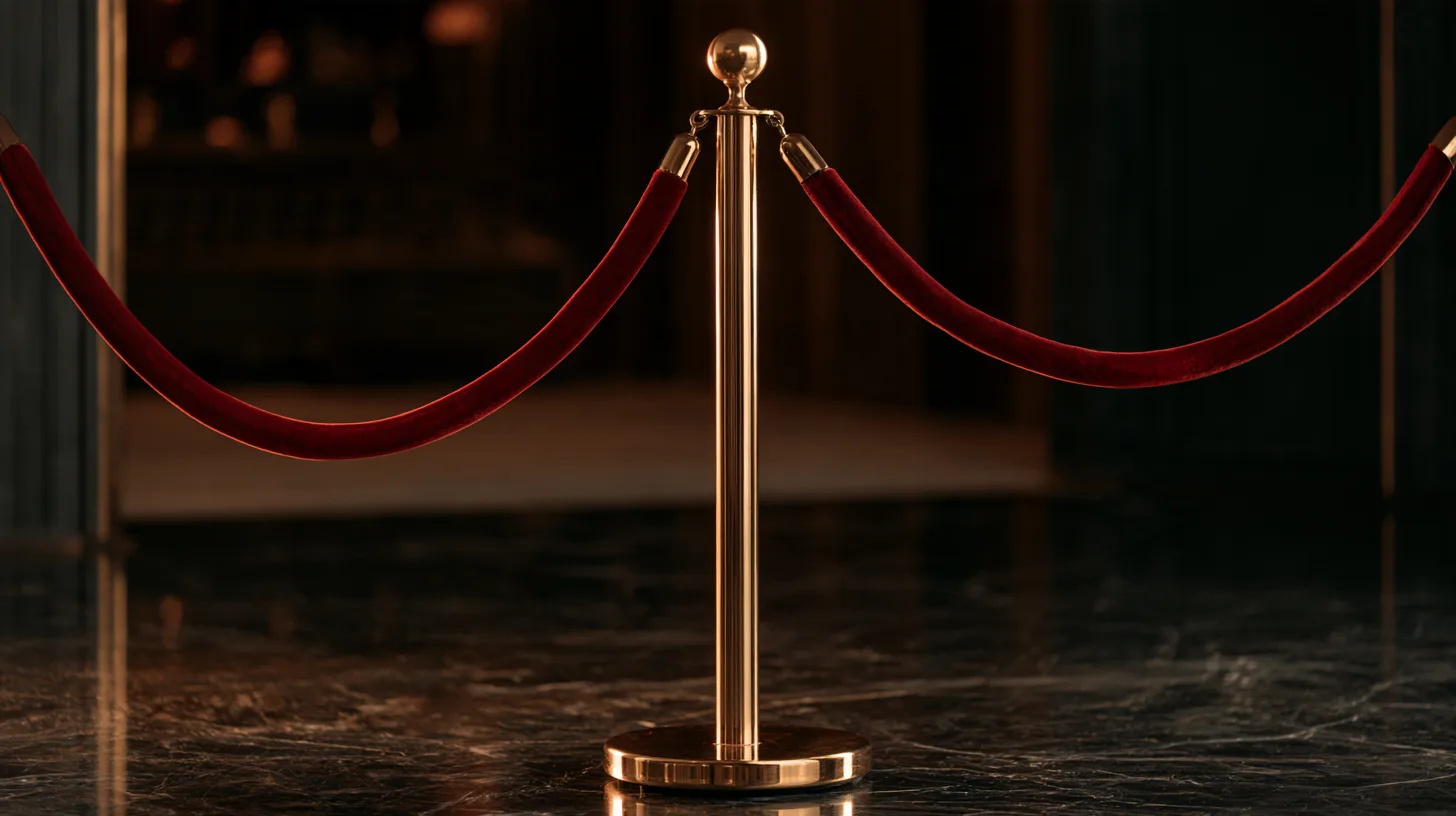 A polished brass stanchion with a deep red velvet rope on a dark marble floor, marking the entrance to a dimly lit luxury interior